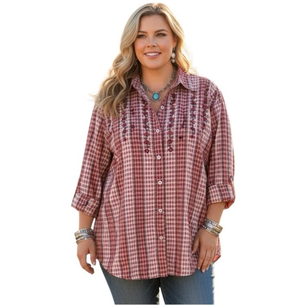 Vintage c.s.t. 1X Plaid Embroidered Button Front Western Cottagecore Shirt